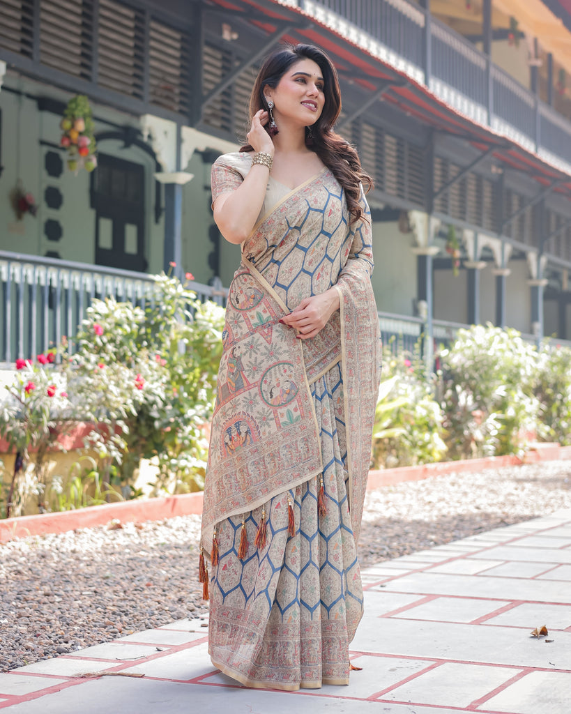 Classic Beige Handloom Cotton-Linen Saree with Madhubani-Inspired Prints and Zari Highlights LINEN HANDLOOM
