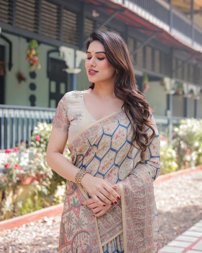 Classic Beige Handloom Cotton-Linen Saree with Madhubani-Inspired Prints and Zari Highlights LINEN HANDLOOM