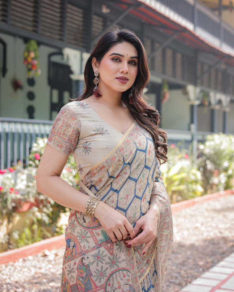 Classic Beige Handloom Cotton-Linen Saree with Madhubani-Inspired Prints and Zari Highlights LINEN HANDLOOM
