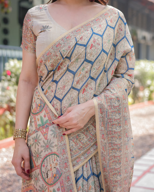 Classic Beige Handloom Cotton-Linen Saree with Madhubani-Inspired Prints and Zari Highlights LINEN HANDLOOM