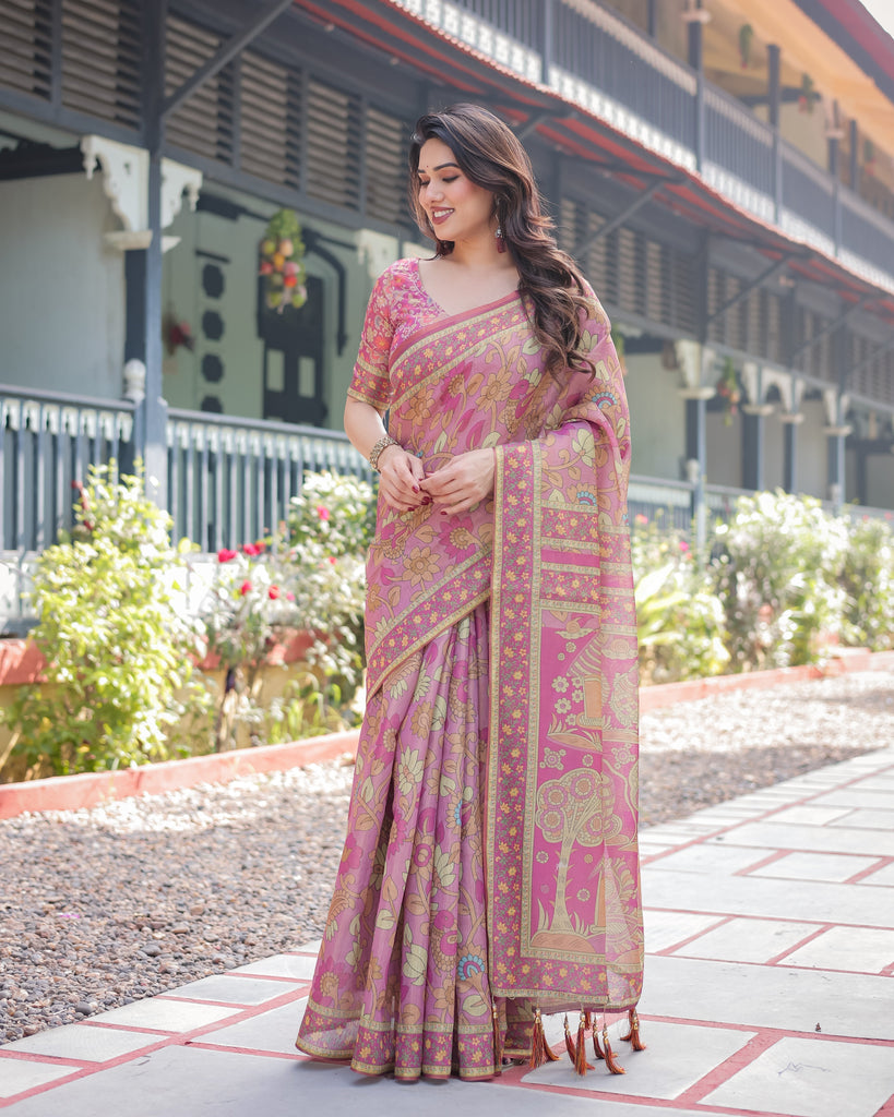 Regal Pink Handloom Cotton-Linen Saree with Floral Motifs, Golden Zari Highlights, and Tassel Detailing LINEN HANDLOOM