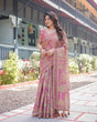 Load image into Gallery viewer, Regal Pink Handloom Cotton-Linen Saree with Floral Motifs, Golden Zari Highlights, and Tassel Detailing LINEN HANDLOOM