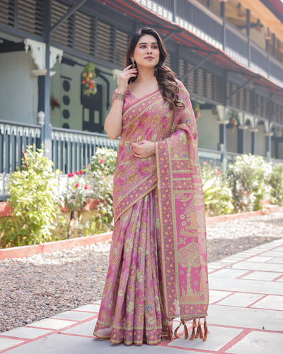 Regal Pink Handloom Cotton-Linen Saree with Floral Motifs, Golden Zari Highlights, and Tassel Detailing LINEN HANDLOOM