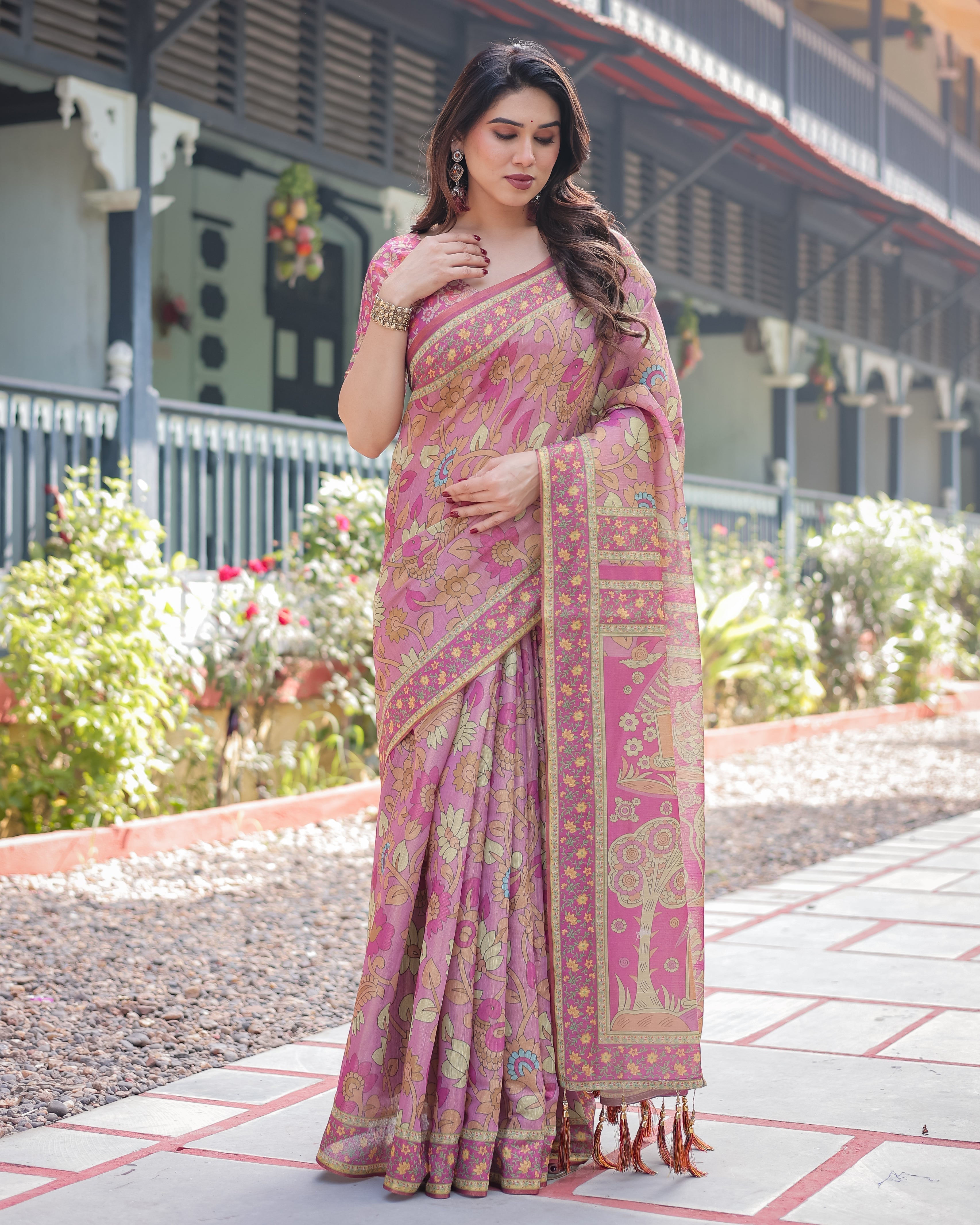 Regal Pink Handloom Cotton-Linen Saree with Floral Motifs, Golden Zari Highlights, and Tassel Detailing LINEN HANDLOOM