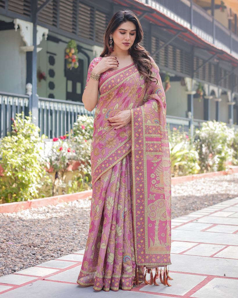 Regal Pink Handloom Cotton-Linen Saree with Floral Motifs, Golden Zari Highlights, and Tassel Detailing LINEN HANDLOOM