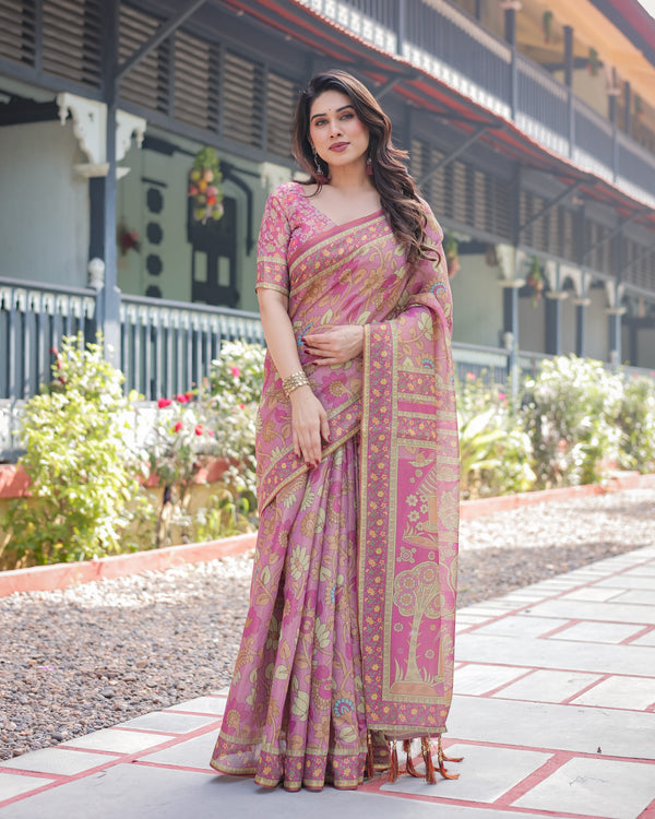 Regal Pink Handloom Cotton-Linen Saree with Floral Motifs, Golden Zari Highlights, and Tassel Detailing LINEN HANDLOOM