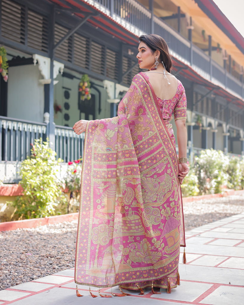 Regal Pink Handloom Cotton-Linen Saree with Floral Motifs, Golden Zari Highlights, and Tassel Detailing LINEN HANDLOOM