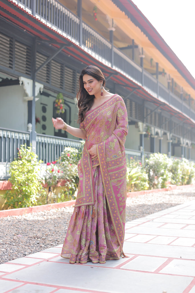 Regal Pink Handloom Cotton-Linen Saree with Floral Motifs, Golden Zari Highlights, and Tassel Detailing LINEN HANDLOOM