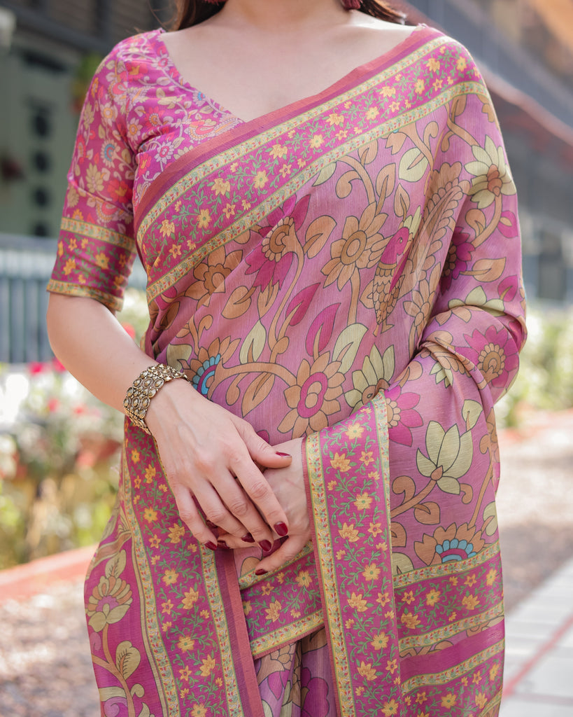 Regal Pink Handloom Cotton-Linen Saree with Floral Motifs, Golden Zari Highlights, and Tassel Detailing LINEN HANDLOOM