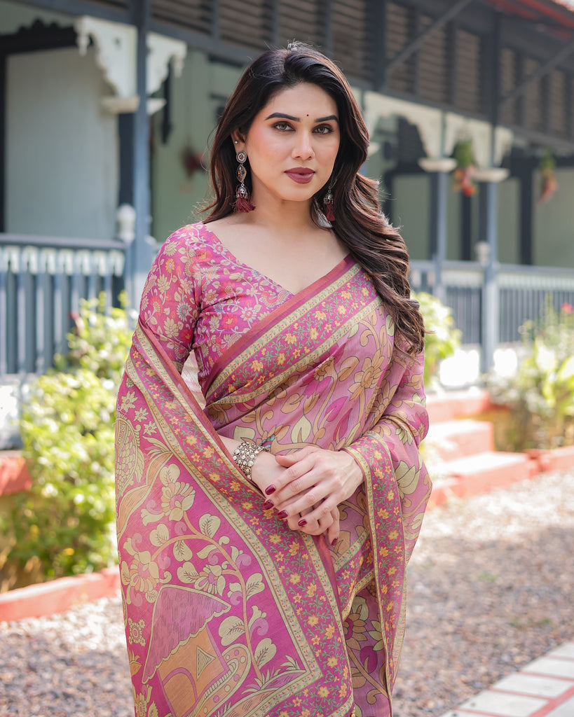Regal Pink Handloom Cotton-Linen Saree with Floral Motifs, Golden Zari Highlights, and Tassel Detailing LINEN HANDLOOM