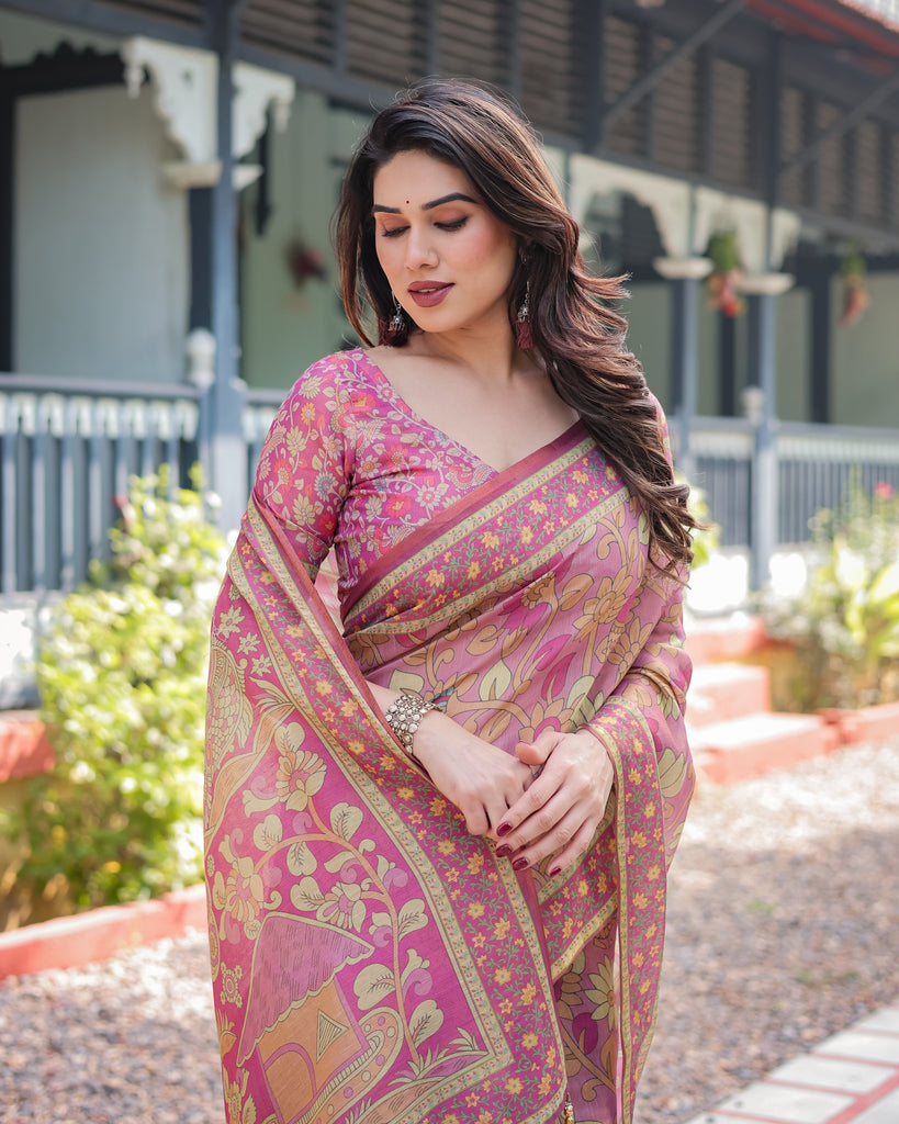 Regal Pink Handloom Cotton-Linen Saree with Floral Motifs, Golden Zari Highlights, and Tassel Detailing LINEN HANDLOOM