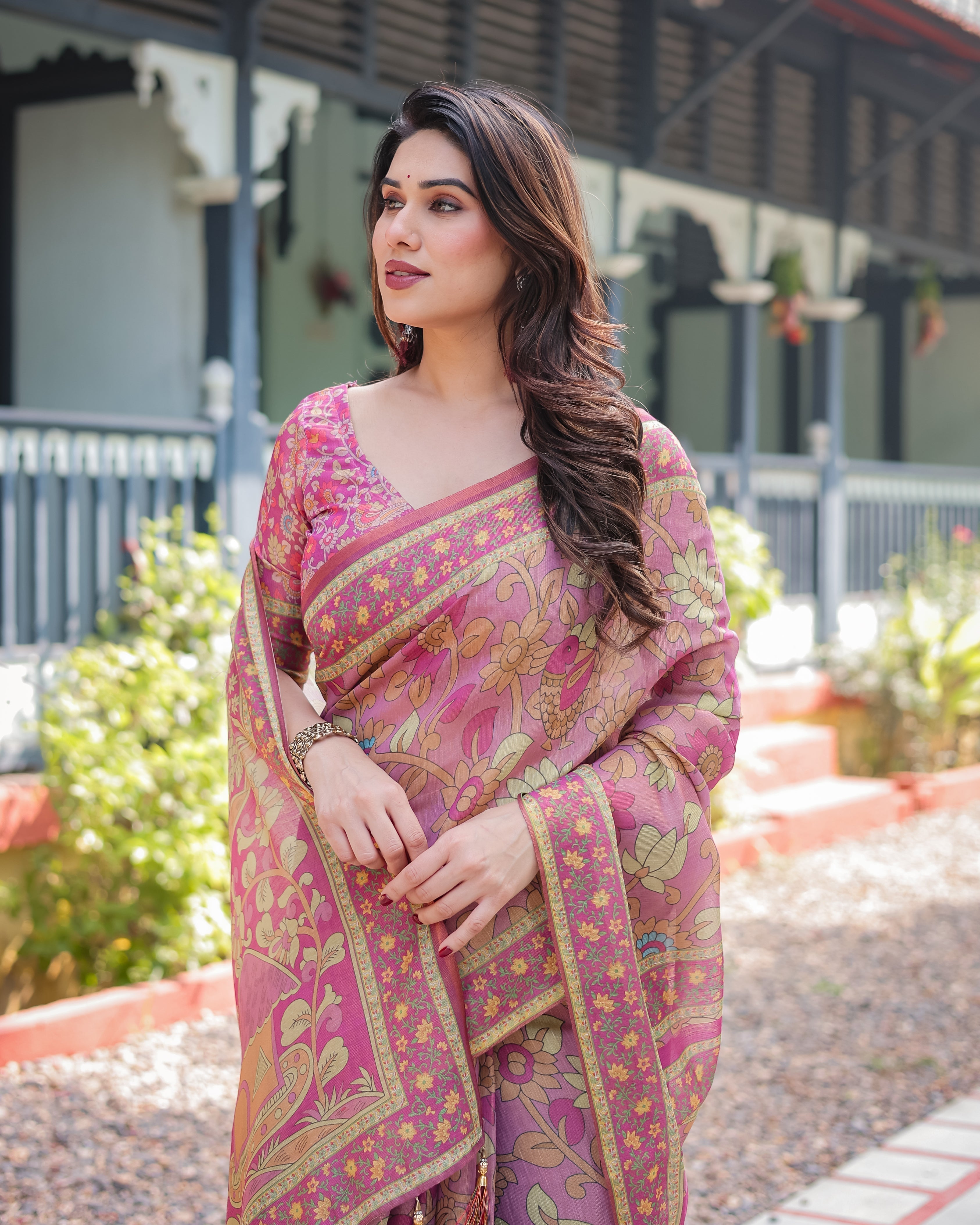 Regal Pink Handloom Cotton-Linen Saree with Floral Motifs, Golden Zari Highlights, and Tassel Detailing LINEN HANDLOOM