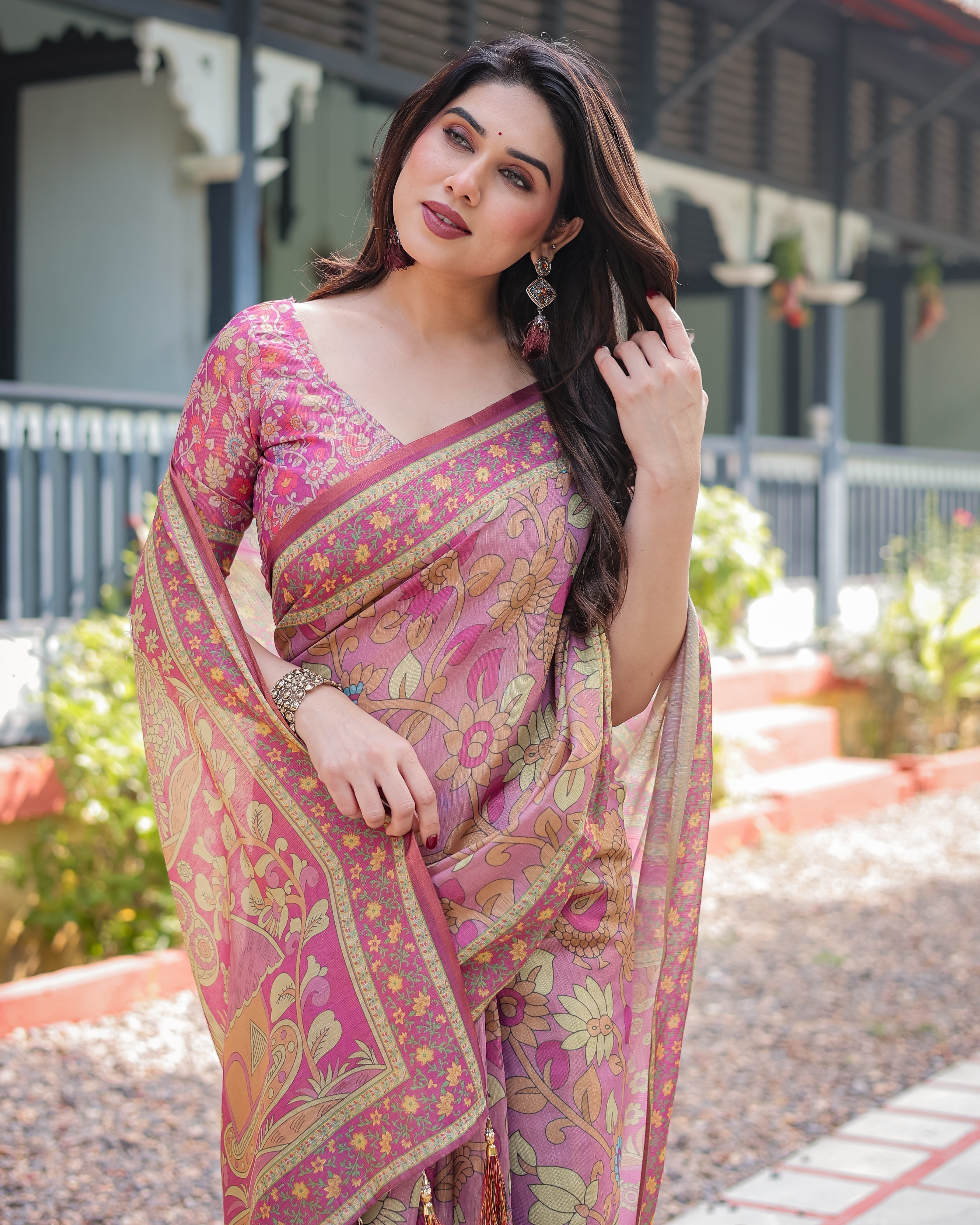 Regal Pink Handloom Cotton-Linen Saree with Floral Motifs, Golden Zari Highlights, and Tassel Detailing LINEN HANDLOOM