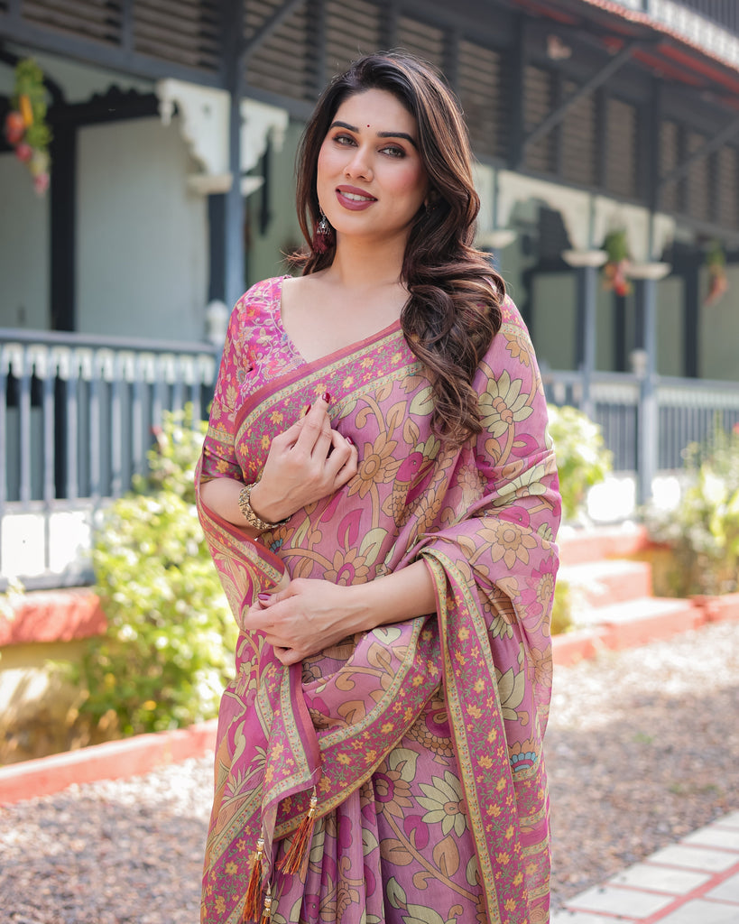 Regal Pink Handloom Cotton-Linen Saree with Floral Motifs, Golden Zari Highlights, and Tassel Detailing LINEN HANDLOOM