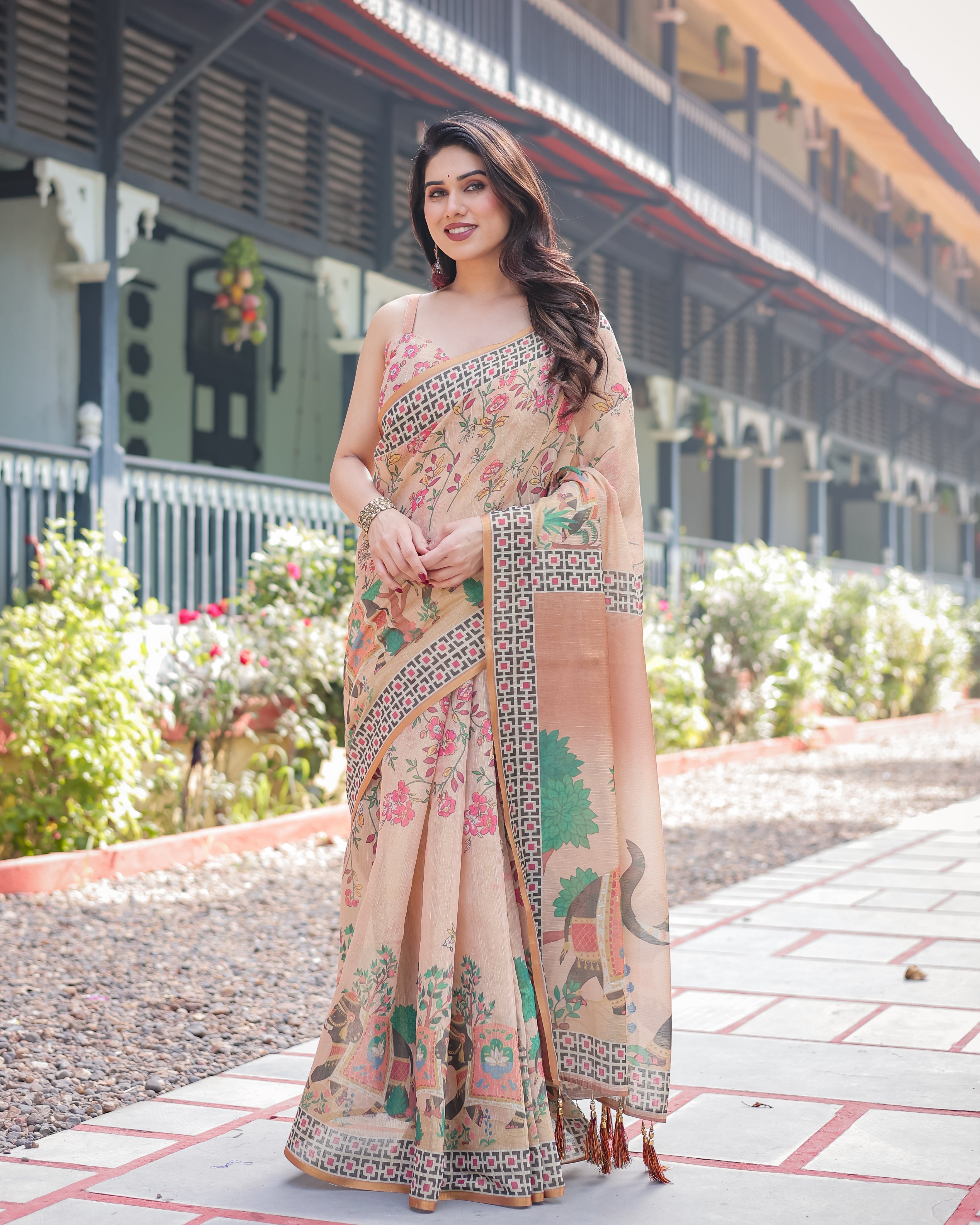 Beige Handloom Cotton-Linen Saree with Elephant Motifs and Geometric Border Design LINEN HANDLOOM