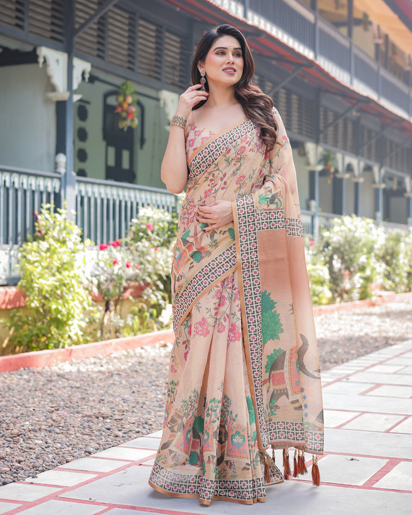 Beige Handloom Cotton-Linen Saree with Elephant Motifs and Geometric Border Design LINEN HANDLOOM