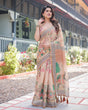 Load image into Gallery viewer, Beige Handloom Cotton-Linen Saree with Elephant Motifs and Geometric Border Design LINEN HANDLOOM