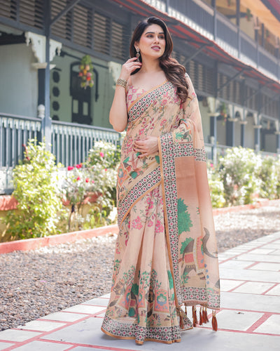 Beige Handloom Cotton-Linen Saree with Elephant Motifs and Geometric Border Design LINEN HANDLOOM