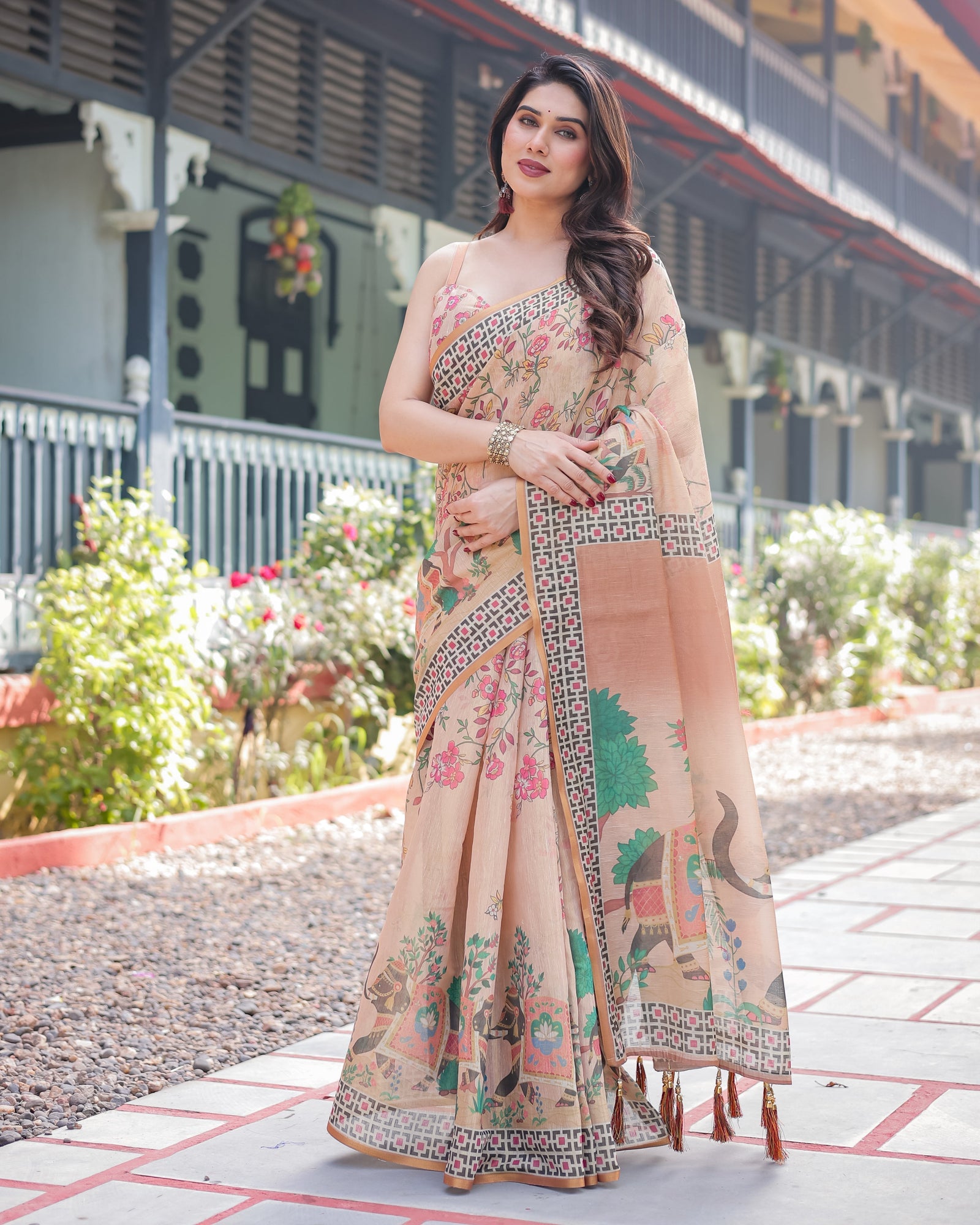 Beige Handloom Cotton-Linen Saree with Elephant Motifs and Geometric Border Design LINEN HANDLOOM