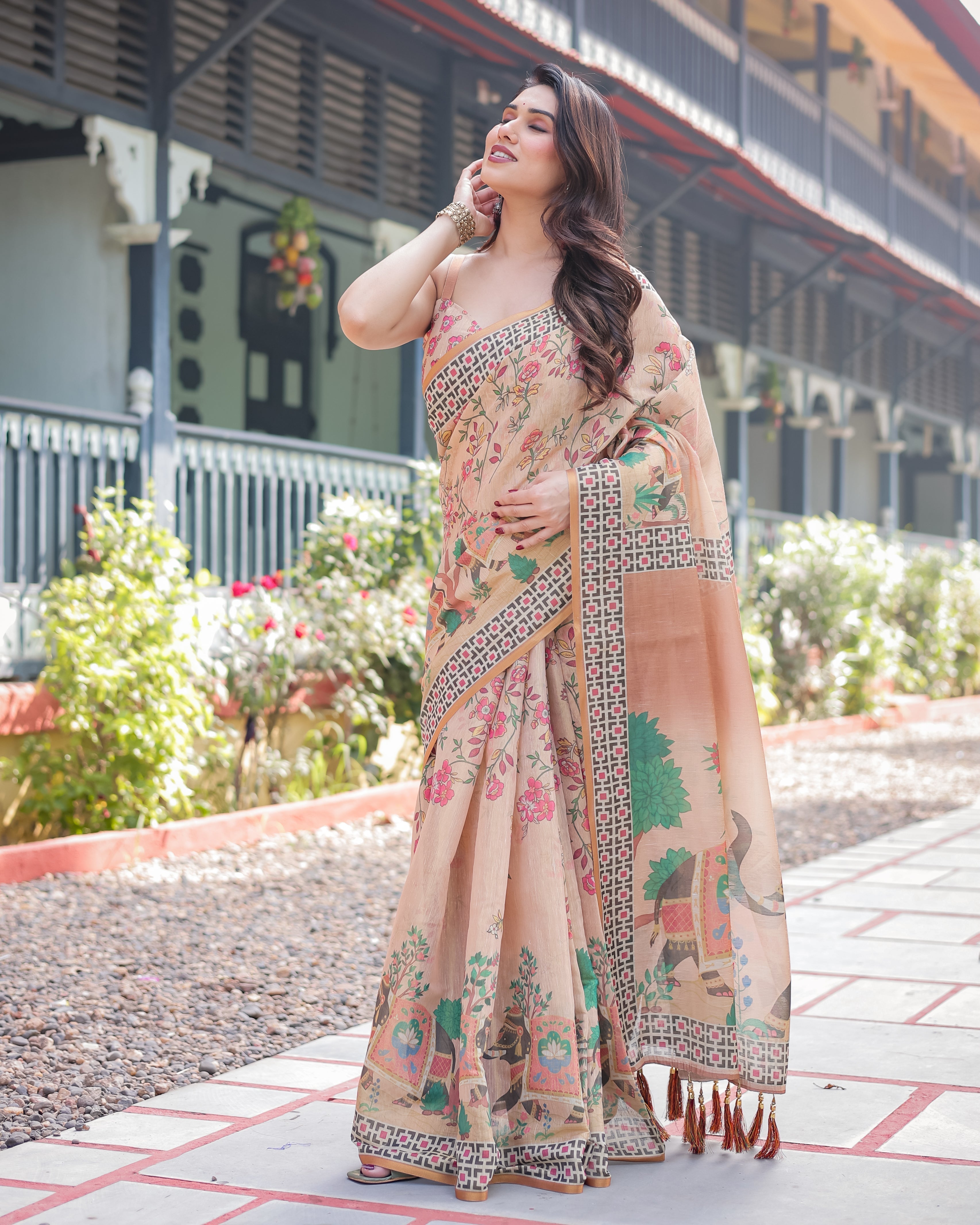Beige Handloom Cotton-Linen Saree with Elephant Motifs and Geometric Border Design LINEN HANDLOOM
