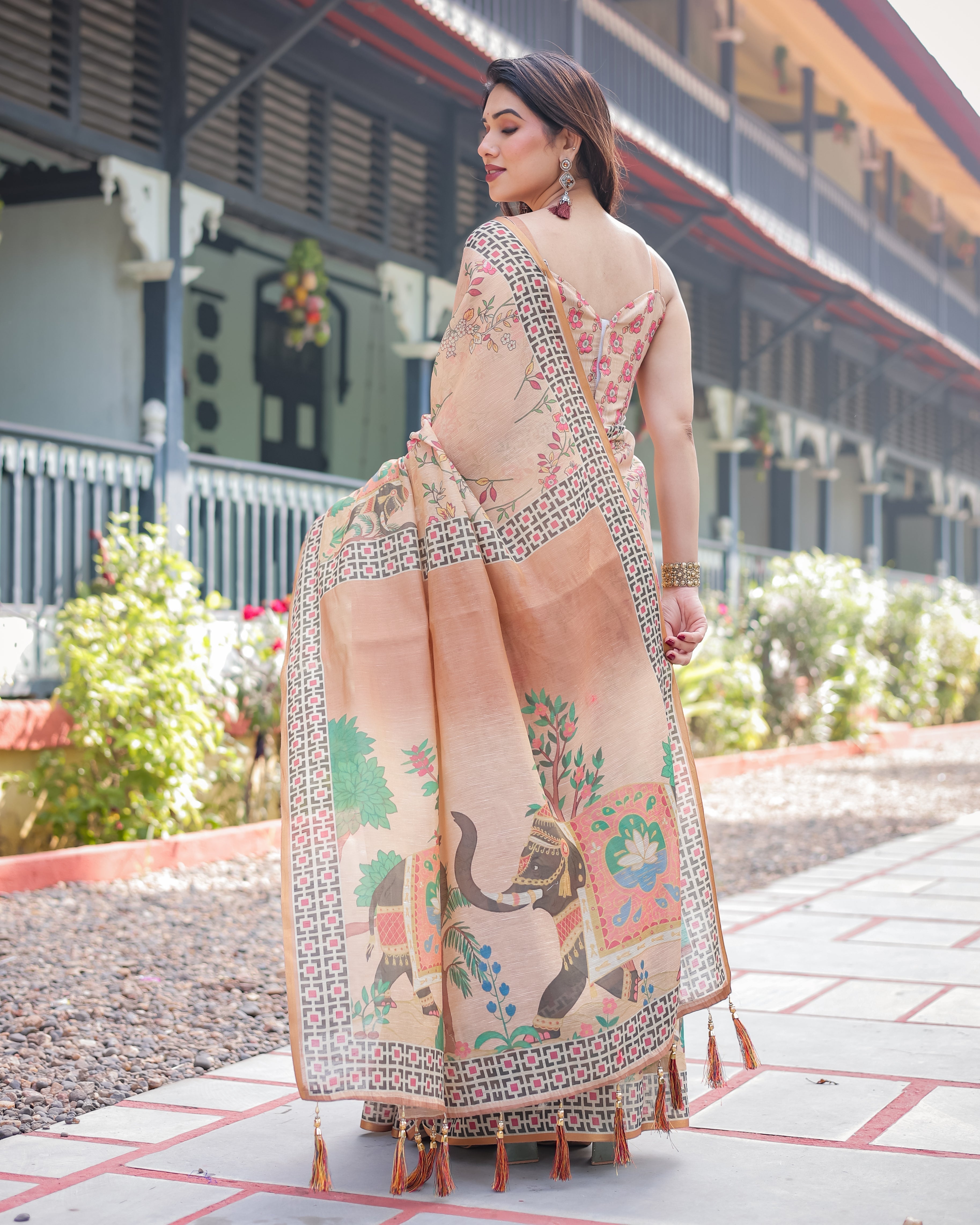 Beige Handloom Cotton-Linen Saree with Elephant Motifs and Geometric Border Design LINEN HANDLOOM
