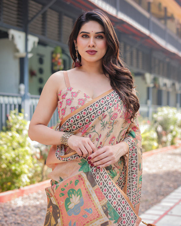 Beige Handloom Cotton-Linen Saree with Elephant Motifs and Geometric Border Design LINEN HANDLOOM