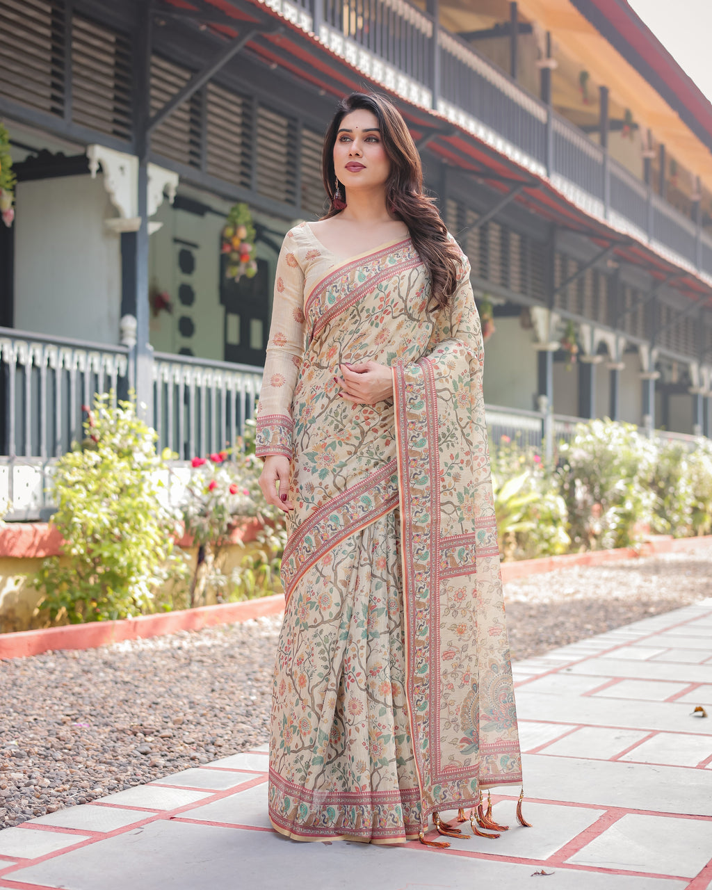 Ivory Handloom Cotton-Linen Saree with Floral and Peacock Motifs, Zari Highlights, and Tassel Finish LINEN HANDLOOM