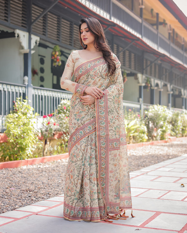Ivory Handloom Cotton-Linen Saree with Floral and Peacock Motifs, Zari Highlights, and Tassel Finish LINEN HANDLOOM