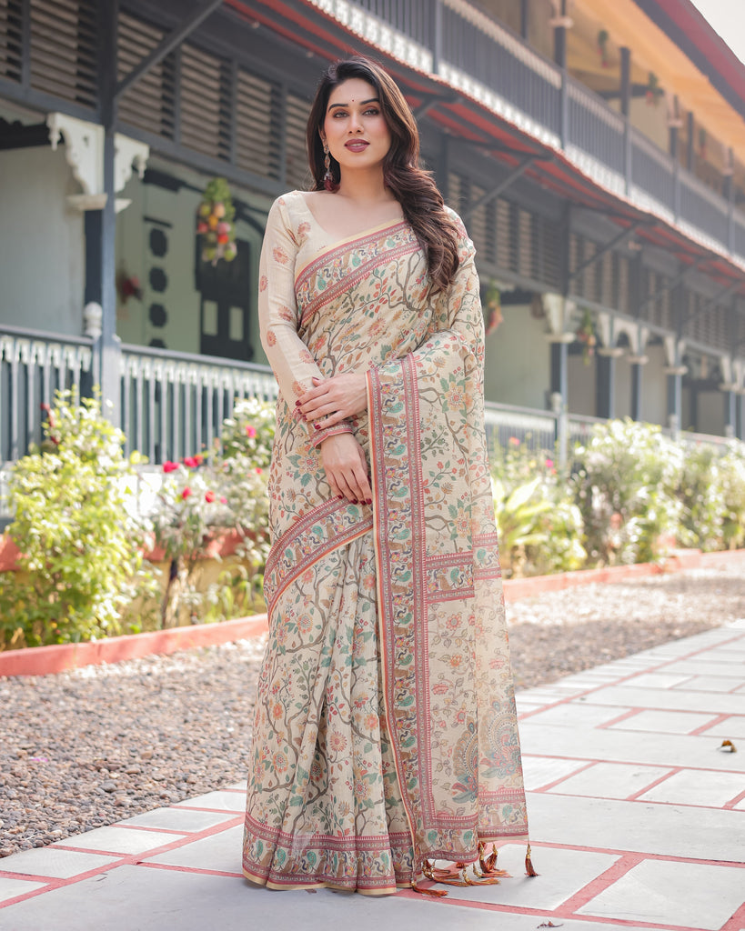 Ivory Handloom Cotton-Linen Saree with Floral and Peacock Motifs, Zari Highlights, and Tassel Finish LINEN HANDLOOM