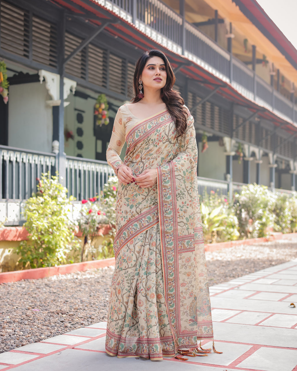 Ivory Handloom Cotton-Linen Saree with Floral and Peacock Motifs, Zari Highlights, and Tassel Finish LINEN HANDLOOM