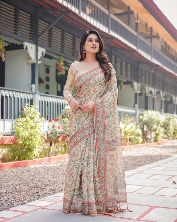 Ivory Handloom Cotton-Linen Saree with Floral and Peacock Motifs, Zari Highlights, and Tassel Finish LINEN HANDLOOM