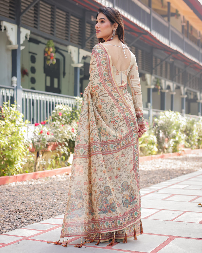 Ivory Handloom Cotton-Linen Saree with Floral and Peacock Motifs, Zari Highlights, and Tassel Finish LINEN HANDLOOM