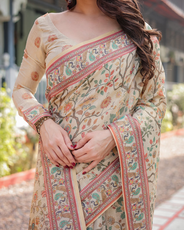 Ivory Handloom Cotton-Linen Saree with Floral and Peacock Motifs, Zari Highlights, and Tassel Finish LINEN HANDLOOM