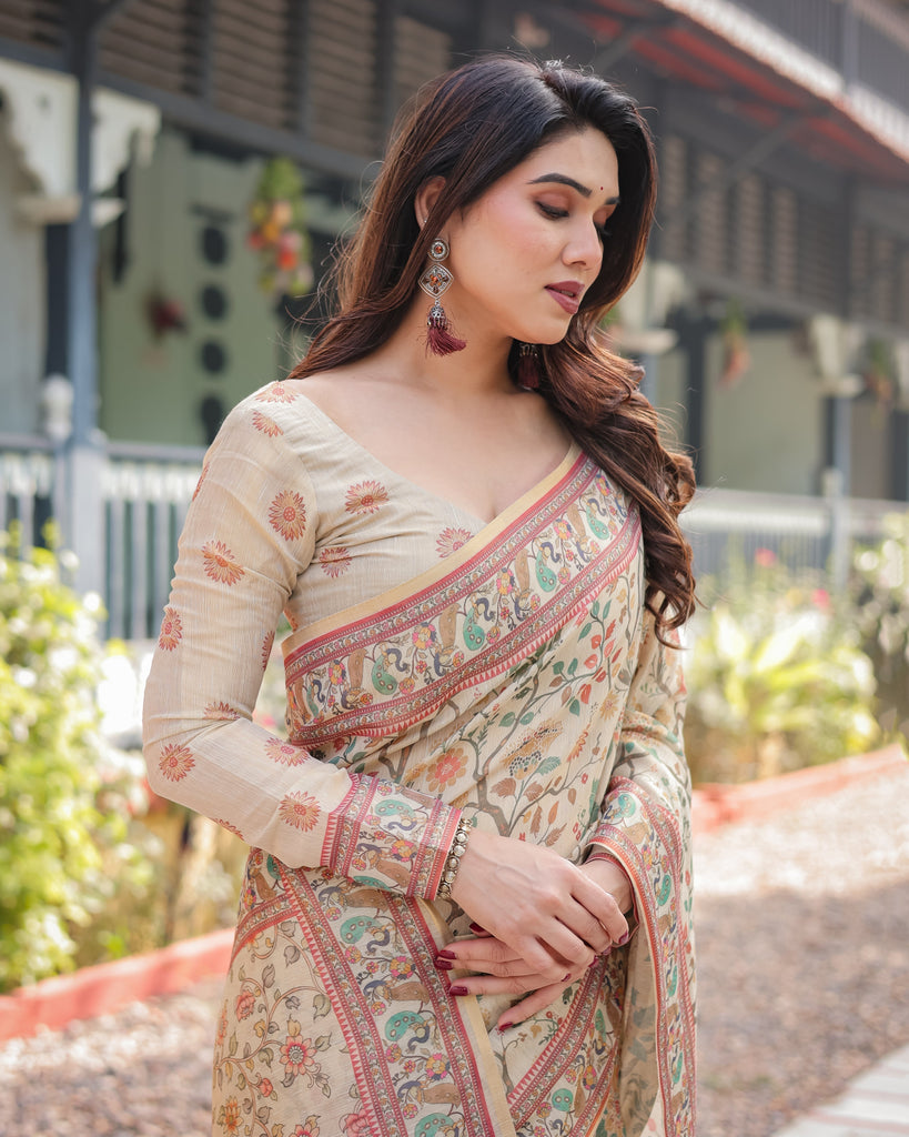 Ivory Handloom Cotton-Linen Saree with Floral and Peacock Motifs, Zari Highlights, and Tassel Finish LINEN HANDLOOM