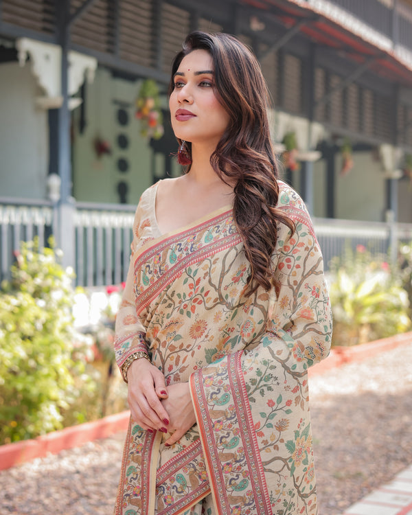 Ivory Handloom Cotton-Linen Saree with Floral and Peacock Motifs, Zari Highlights, and Tassel Finish LINEN HANDLOOM