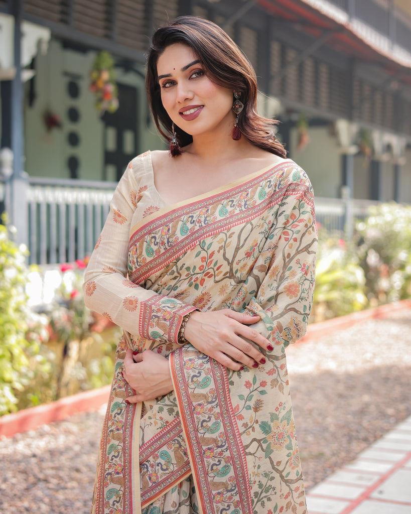 Ivory Handloom Cotton-Linen Saree with Floral and Peacock Motifs, Zari Highlights, and Tassel Finish LINEN HANDLOOM
