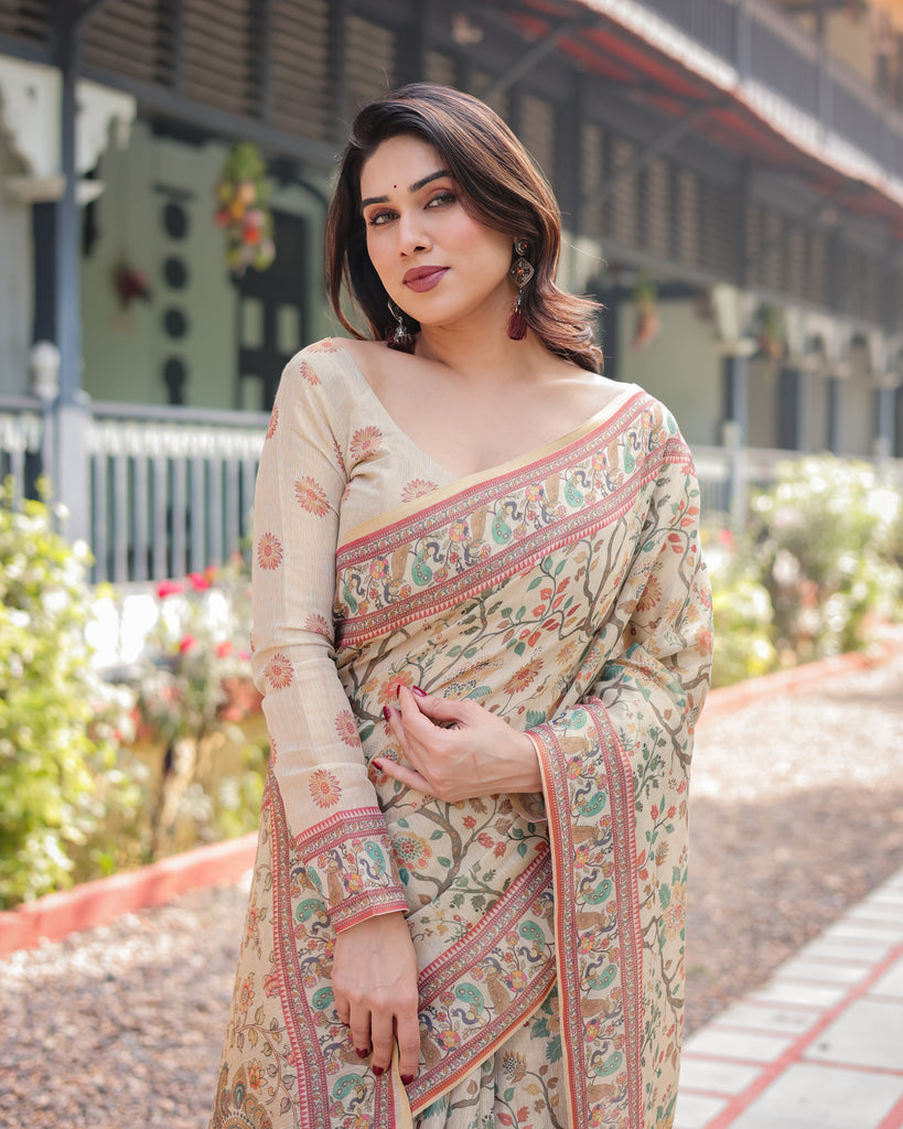 Ivory Handloom Cotton-Linen Saree with Floral and Peacock Motifs, Zari Highlights, and Tassel Finish LINEN HANDLOOM