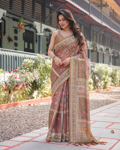Rust and Gold Handloom Cotton-Linen Saree with Floral Motifs and Rich Zari Border LINEN HANDLOOM