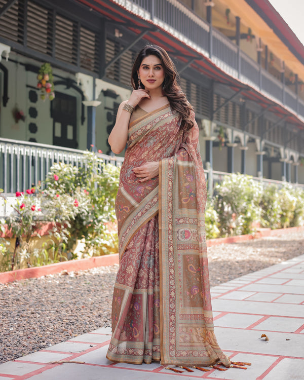 Rust and Gold Handloom Cotton-Linen Saree with Floral Motifs and Rich Zari Border LINEN HANDLOOM