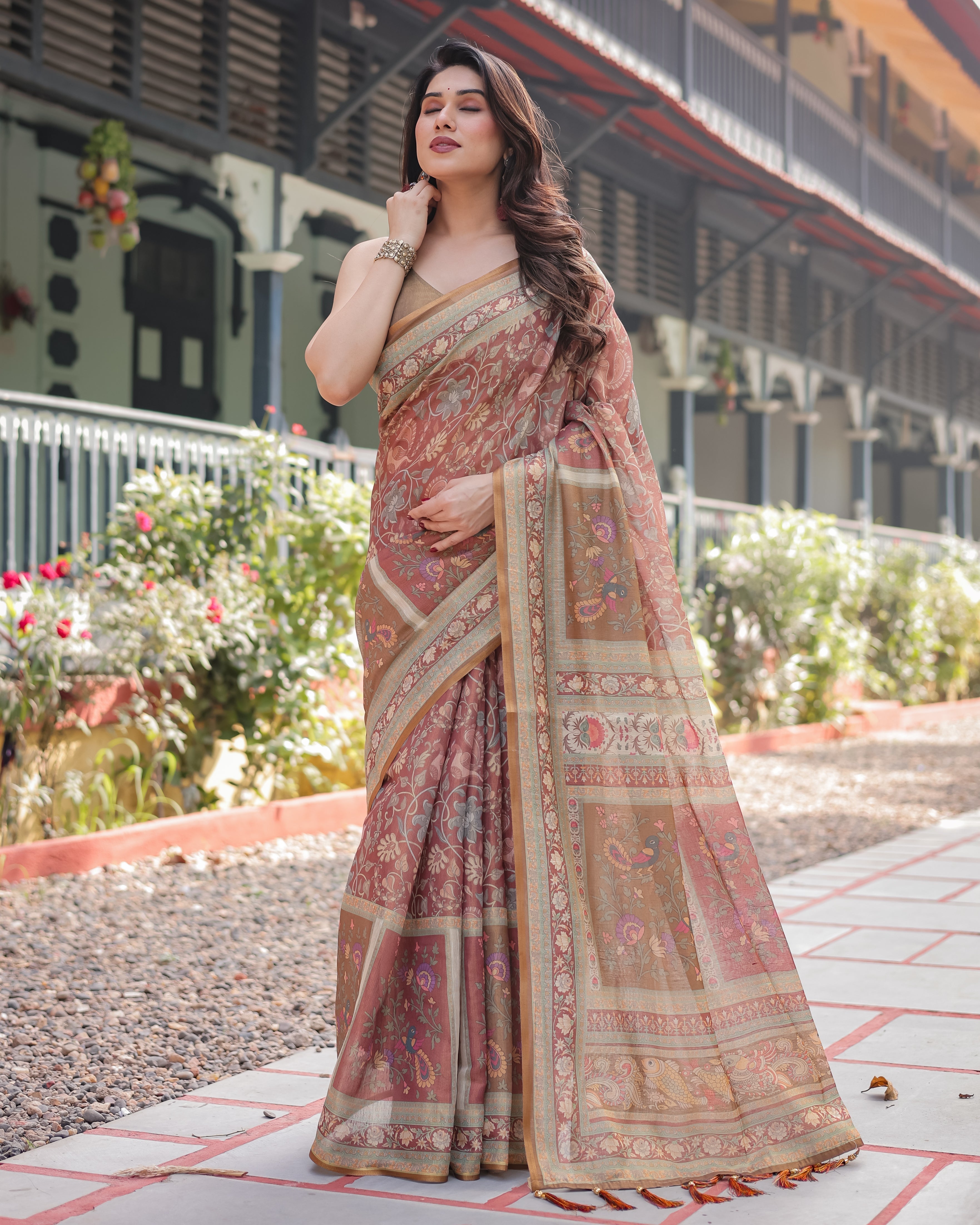 Rust and Gold Handloom Cotton-Linen Saree with Floral Motifs and Rich Zari Border LINEN HANDLOOM Main image