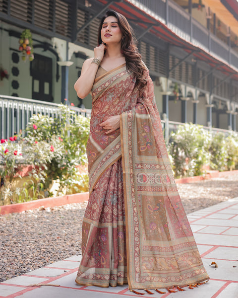Rust and Gold Handloom Cotton-Linen Saree with Floral Motifs and Rich Zari Border LINEN HANDLOOM Main image