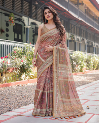 Rust and Gold Handloom Cotton-Linen Saree with Floral Motifs and Rich Zari Border LINEN HANDLOOM