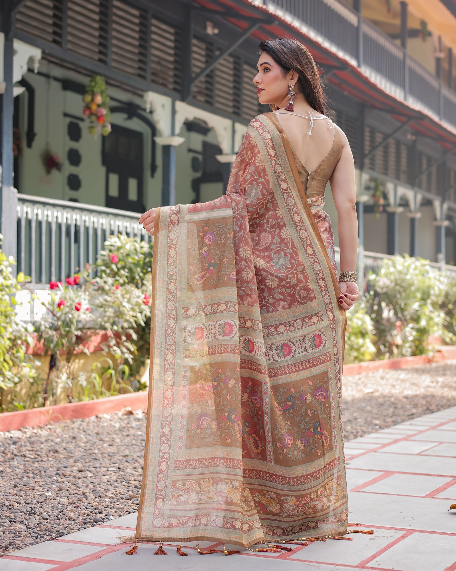 Rust and Gold Handloom Cotton-Linen Saree with Floral Motifs and Rich Zari Border LINEN HANDLOOM