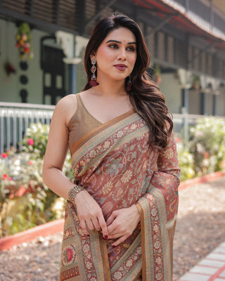Rust and Gold Handloom Cotton-Linen Saree with Floral Motifs and Rich Zari Border LINEN HANDLOOM