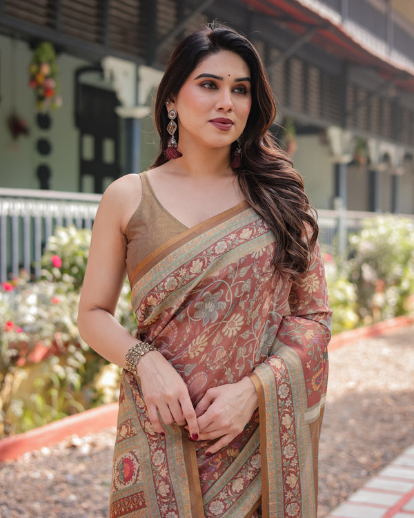 Rust and Gold Handloom Cotton-Linen Saree with Floral Motifs and Rich Zari Border LINEN HANDLOOM