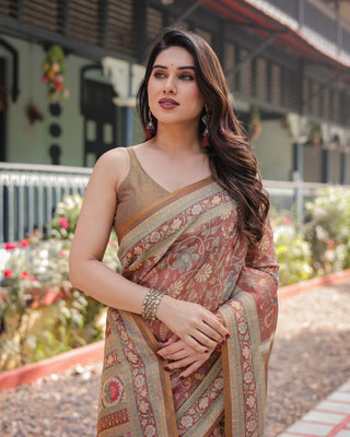 Rust and Gold Handloom Cotton-Linen Saree with Floral Motifs and Rich Zari Border LINEN HANDLOOM
