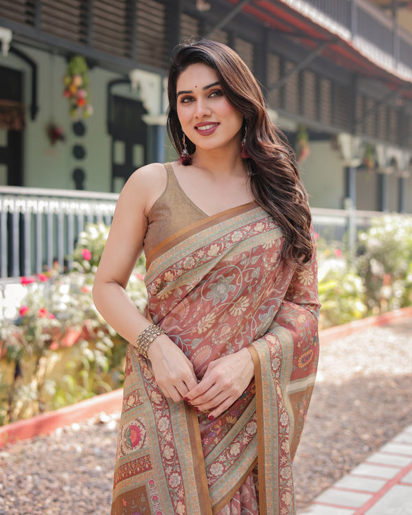 Rust and Gold Handloom Cotton-Linen Saree with Floral Motifs and Rich Zari Border LINEN HANDLOOM