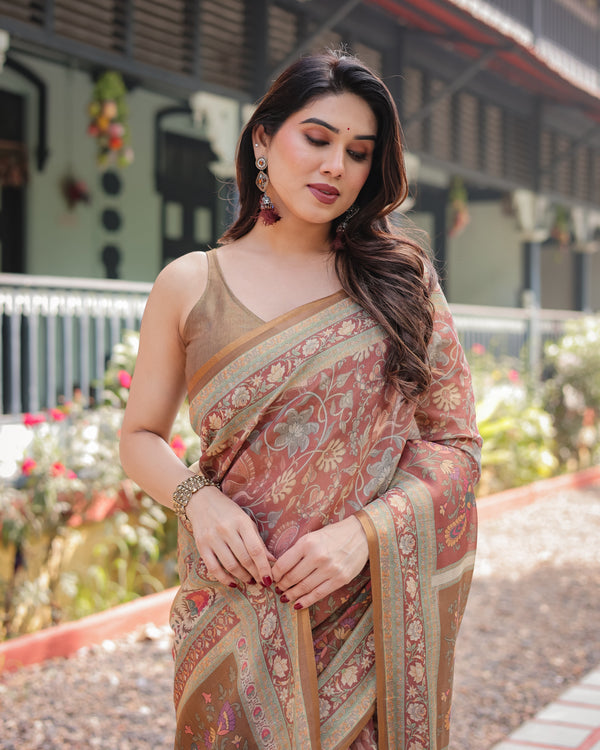 Rust and Gold Handloom Cotton-Linen Saree with Floral Motifs and Rich Zari Border LINEN HANDLOOM
