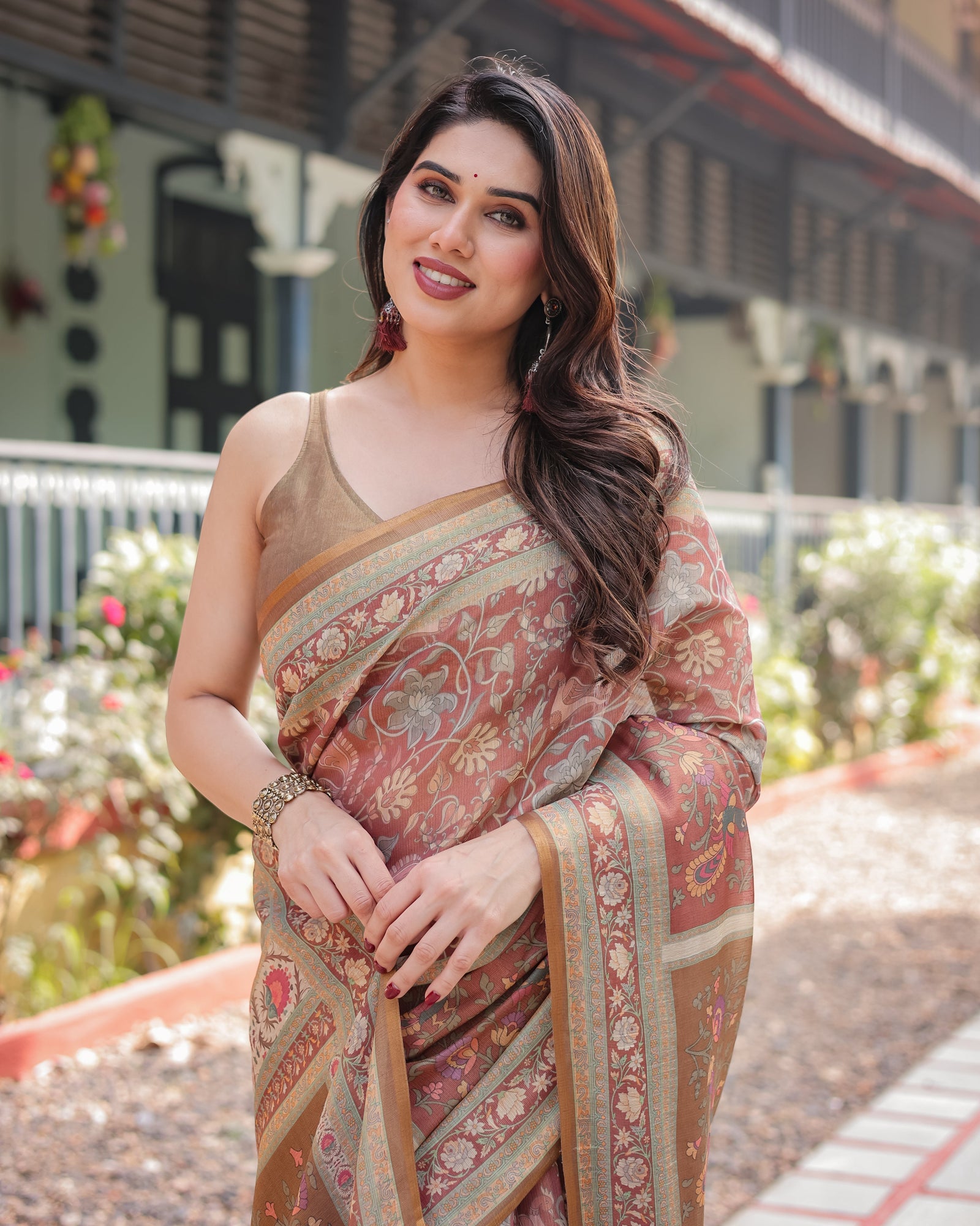 Rust and Gold Handloom Cotton-Linen Saree with Floral Motifs and Rich Zari Border LINEN HANDLOOM