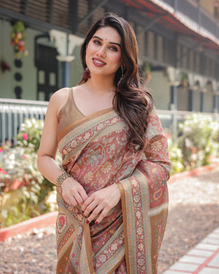 Rust and Gold Handloom Cotton-Linen Saree with Floral Motifs and Rich Zari Border LINEN HANDLOOM